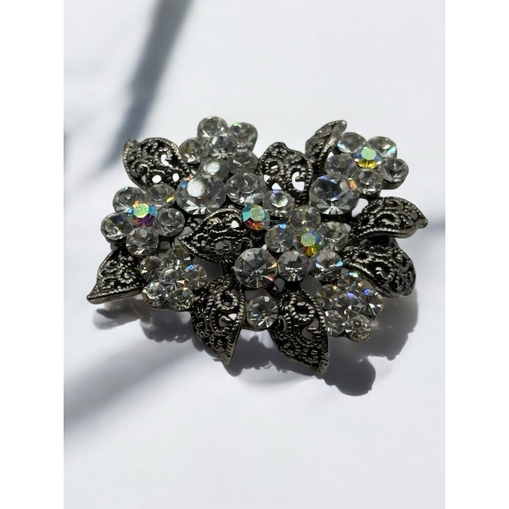 Sparkling AB Rhinestone‎ Cluster Brooch Pin Floral Filigree Leaves VTG Wedding